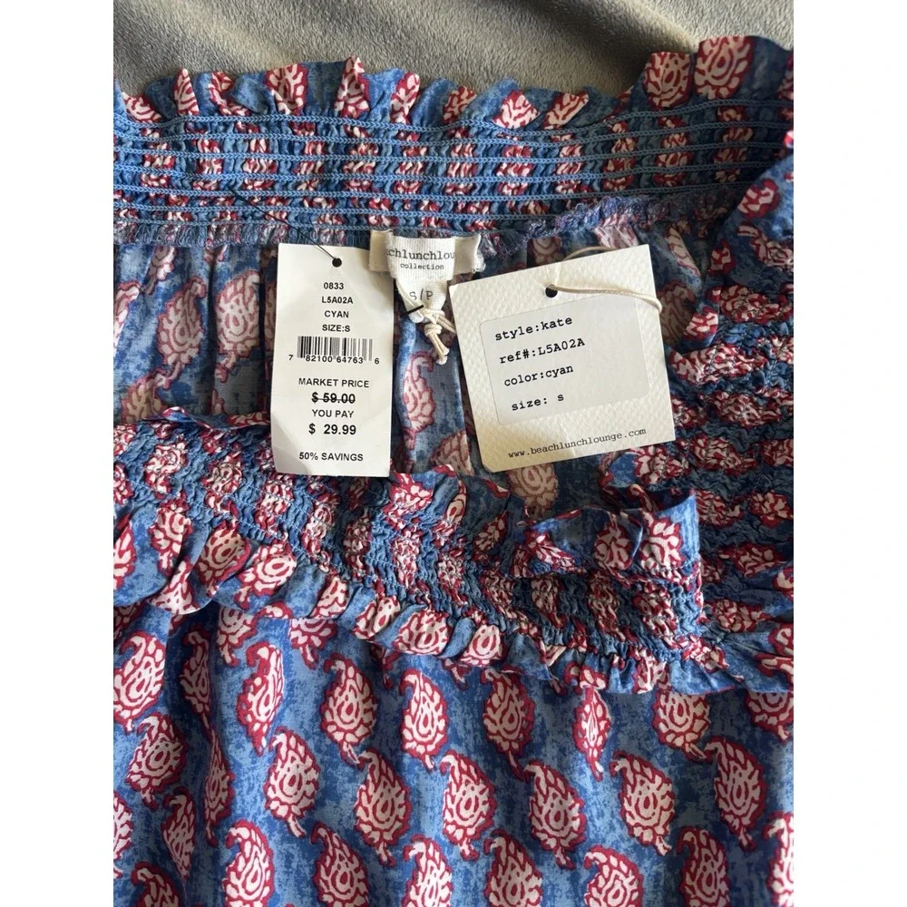 NEW Beachlunchlounge Womens Size S Paisley Boho Off Shoulder Navy Red Top NWT - Picture 8 of 10